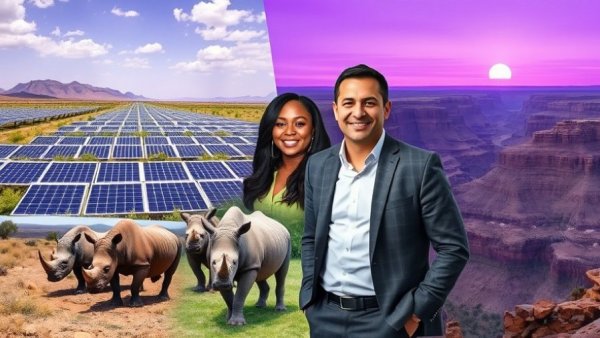 Collage featuring diverse positive news initiatives in purple.