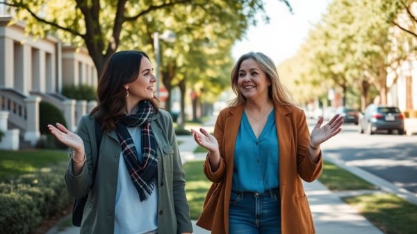 Two women in a focused conversation on a suburban street.