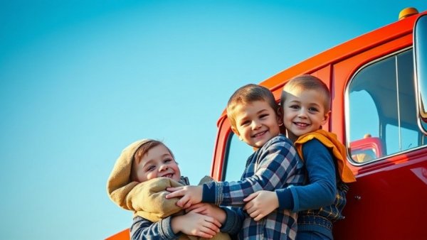 Truck driver with kids celebrating Thanksgiving next to a truck.