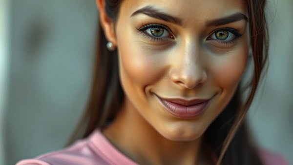 Portrait of a woman in pink top with serene expression, natural setting.