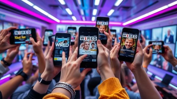 Dynamic collage of phones displaying Wired, vibrant tech scene.