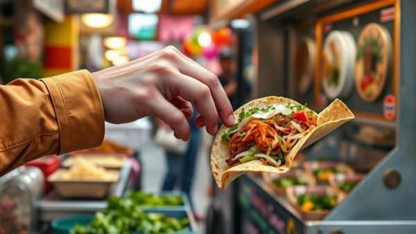 Support street vendors Chicago: exchanging taco at food cart.