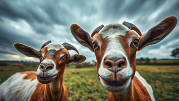 Curious goats in a field under a cloudy sky.