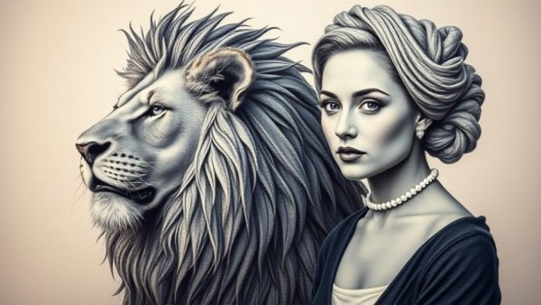 Art created from repurposed denim showcasing a lion and a woman's portrait.