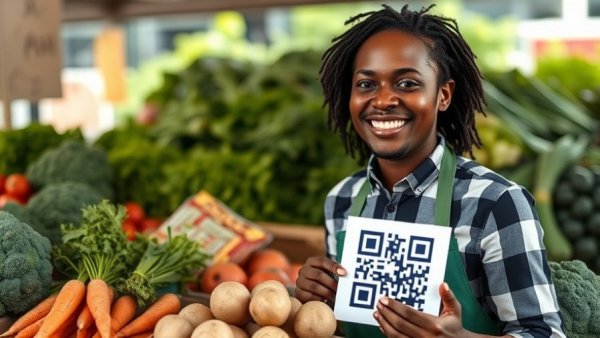 Digital Transformation in South Africa's Informal Economy visualized by a smiling vendor with QR code and vegetables.