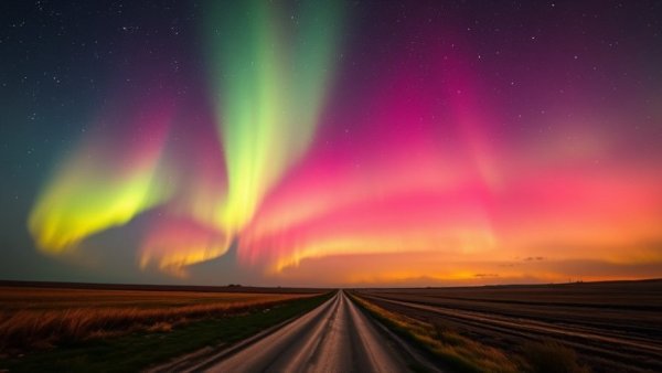 Vibrant aurora australis over a dirt road, rich pink and yellow sky.