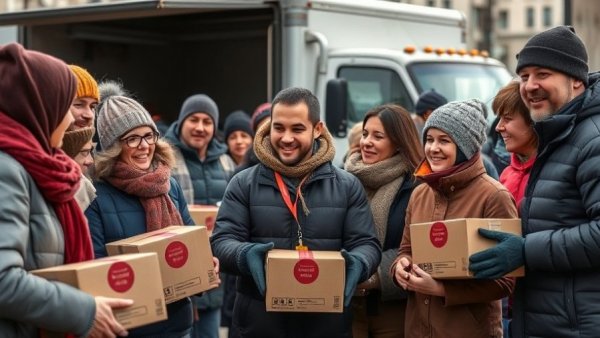 Motorcycle clubs distribute food boxes in urban area; unity in action.