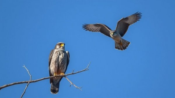 Amur falcons in Pangti Village Amur Falcon Conservation area, one perched and one flying against a blue sky.
