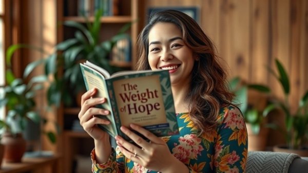 Woman holding the book 'The Weight of Hope' while setting up a non-profit in a cozy office.