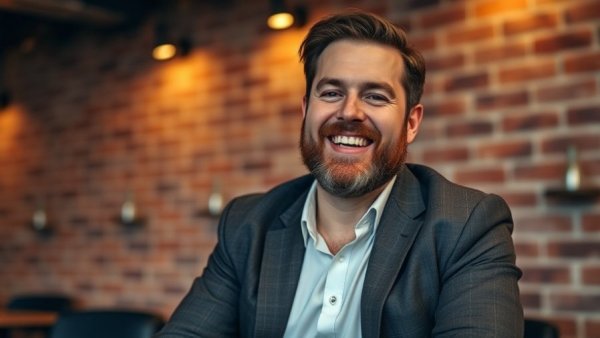 Bearded man smiling in a casual blazer, warm indoor setting.