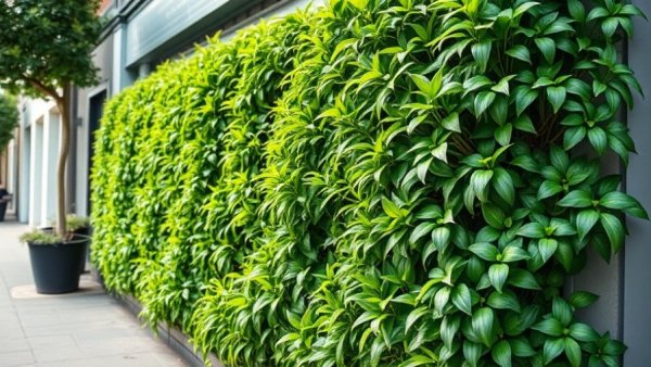 Lush green living wall in urban setting, plants thriving.