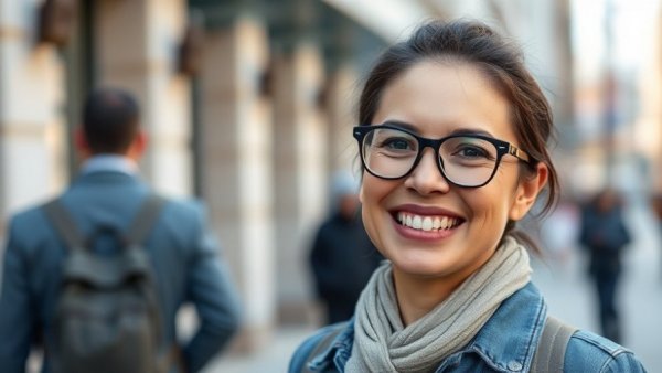 Brave woman saves purse theft victim; smiling with glasses outdoors.