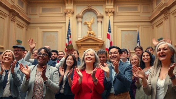 People celebrating good news in a legislative chamber with flags.