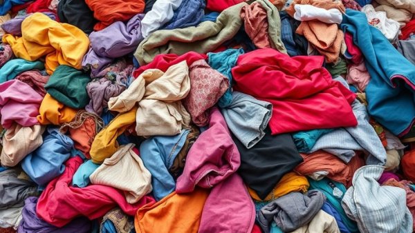 Pile of colorful textiles representing fast fashion waste.