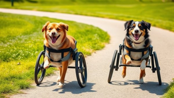 Two disabled dogs in wheelchairs enjoying a sunny park.