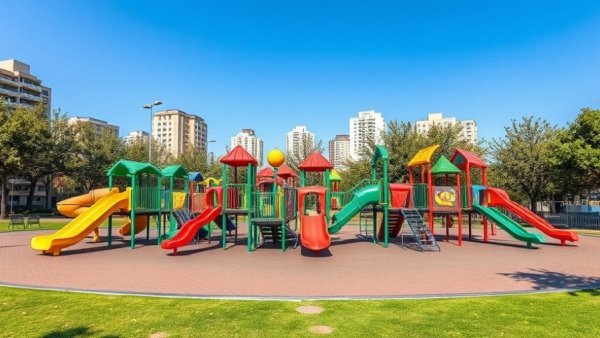 Vibrant inclusive playground on a sunny day, featuring diverse structures.
