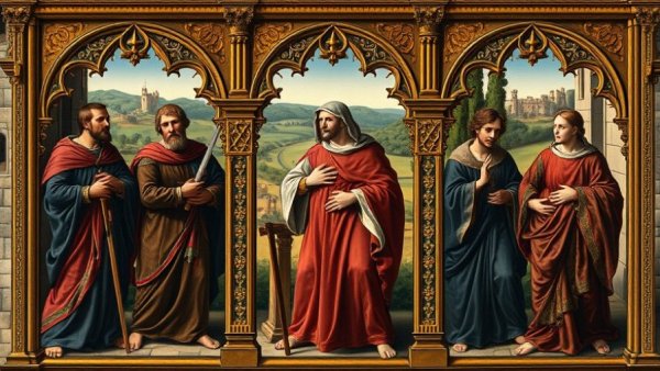 15th-century triptych depicting biblical scene in medieval setting at auction.