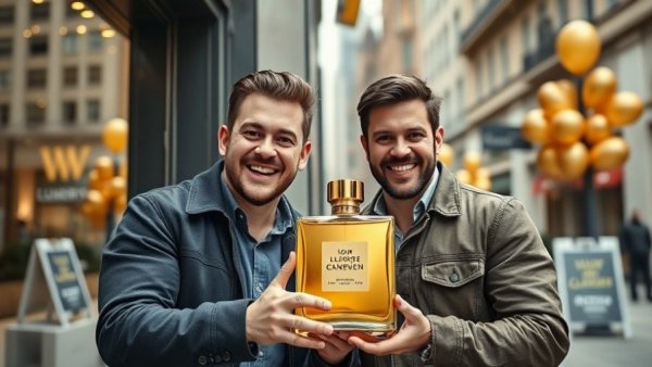 People posing with Thomas Tsavdaridis Monreale Luxury Fragrance outside shop