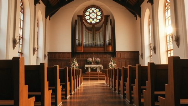 Church interior with wooden pews and altar for community gathering