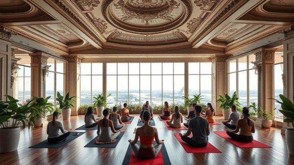Diverse group meditating in ornately designed rooftop, exciting positive business news.