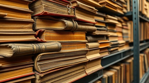 Timbuktu manuscripts organized on shelves in a library archive.