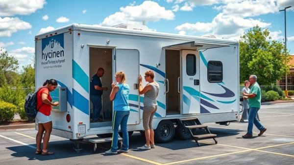 Mobile hygiene service for the homeless trailer providing showers with volunteers assisting in a sunny parking lot.