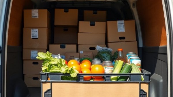 Grocery delivery van with boxes and fresh produce for immigrant families.
