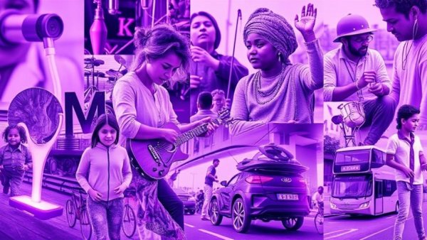 Creative collage of diverse activities in a vibrant purple hue, depicting positive business news.