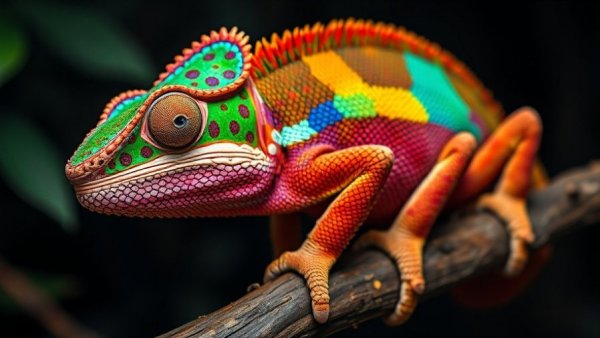 Vibrant Pinocchio chameleon species on branch at night.