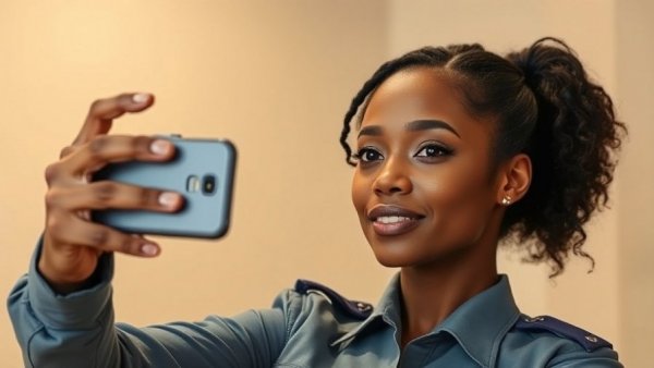 Confident woman in uniform taking a selfie, restore power for Louisiana woman.