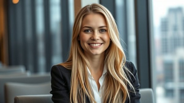 Young woman smiling indoors, cityscape in background.