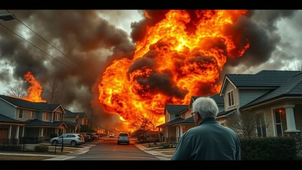 Suburban fire with black smoke; elderly person stands uncertainly.