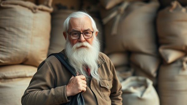 Elderly man holding bag in rustic setting, Indian Designers Transform Waste Into Art.