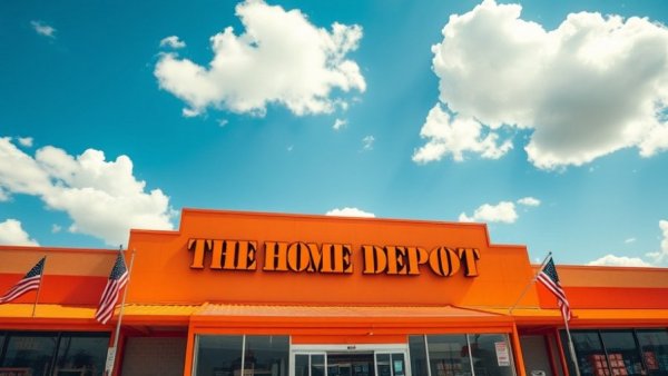 Home Depot exterior with clear sky and flags.