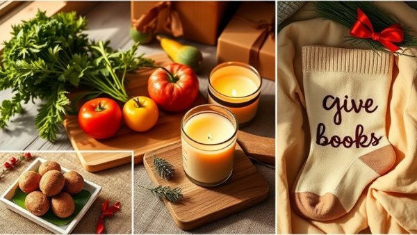 Colorful display of gifts that give back, including produce, candle, socks.