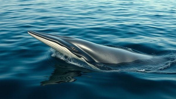 Ginkgo-toothed beaked whale surfacing gracefully in calm ocean.