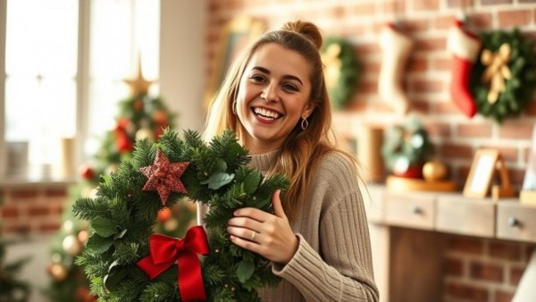 Young woman with a Christmas wreath in a sunlit festive room.