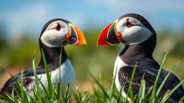 Puffins return Isle of Muck, two colorful puffins in grassy area.