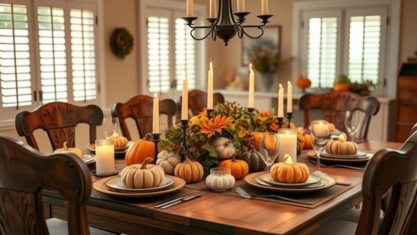 Thanksgiving table with pumpkins and candles, elegant decor tips.