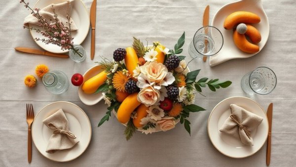 Elegant dining table setup with fruits and flowers, resources for gathering.