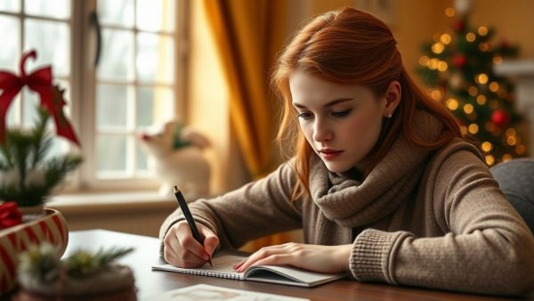 Volunteer writing Christmas cards to seniors in a warm indoor setting.