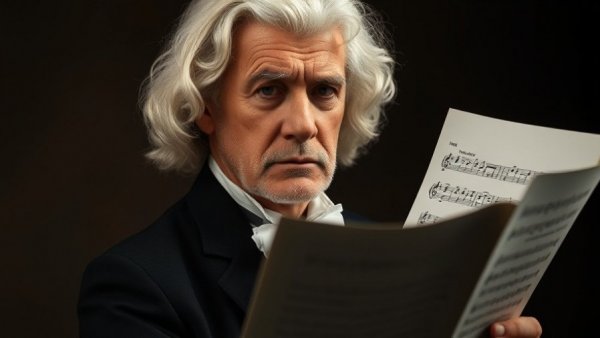 Portrait of a historical figure holding sheet music related to lost Bach pieces.
