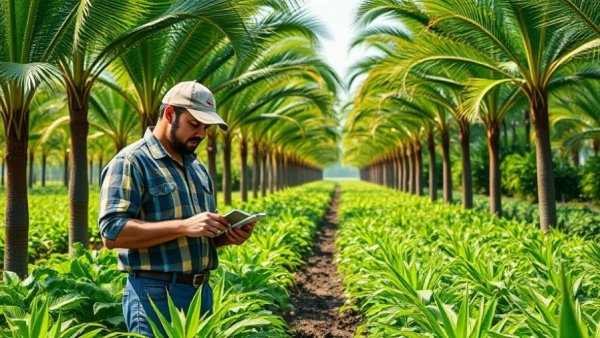 Organic farming success story with farmer using technology in a lush garden.