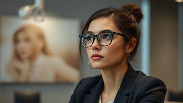 Focused woman with glasses in a studio, thoughtful expression.
