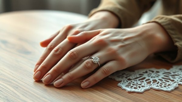 Close-up of hands showcasing engagement ring, symbolizing love and unity.
