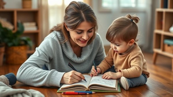 Child care worker guiding child's drawing, fostering creativity.
