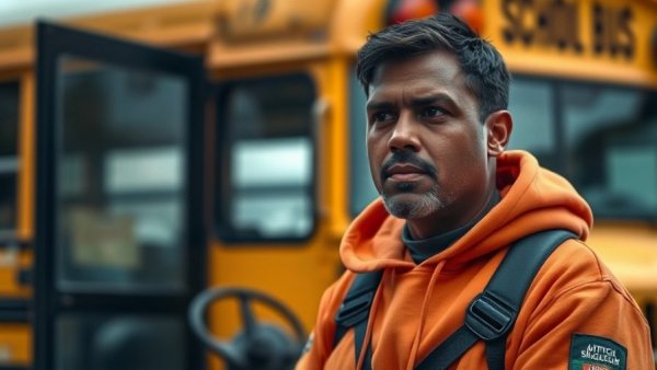 School bus driver in orange hoodie near bus, calm and focused.