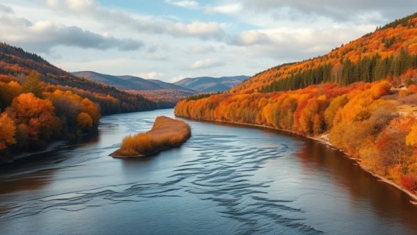 Scenic autumn river landscape in Denmark, vibrant colors.