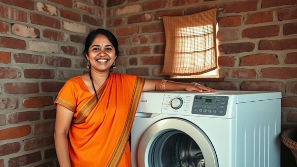 Woman in traditional attire smiling beside washing machine in rustic room.