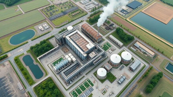 Aerial view of wastewater treatment plant, illustrating green methanol production from biogas.